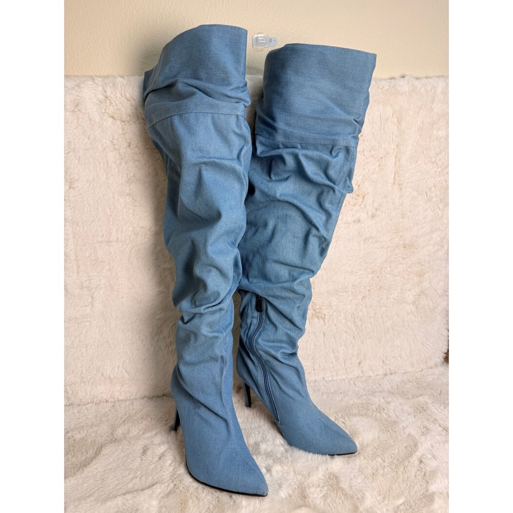 Cape Robbin Kitana-2 Blue Denim Over The Knee Slouchy Stiletto Boots Womens 8